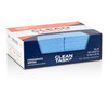 Side profile of Sellars Clean Task foodservice quarterfold blue wipers box, showing product labeling for commercial kitchen cleaning and sanitation use
