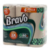Bravo Kitchen Paper Towels 6-pack with natural paper towel rolls visible, delivering strong, absorbent everyday cleaning performance