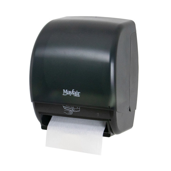 Mayfair automatic touchless hard roll paper towel dispenser with black translucent cover for hygienic commercial restroom hand drying