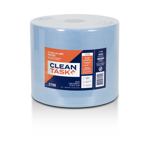 Clean Task Ultra Lo-Lint S700 blue jumbo roll wipers showing spunlace material for precision industrial cleaning and ultra-low-lint performance