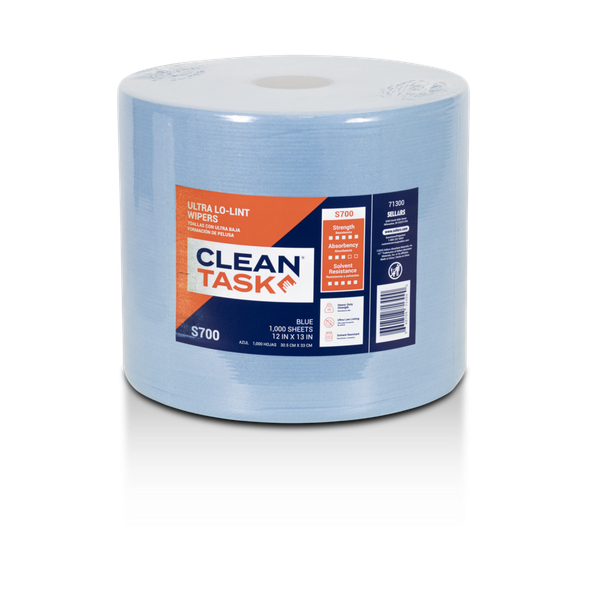 Clean Task Ultra Lo-Lint S700 blue jumbo roll wipers showing spunlace material for precision industrial cleaning and ultra-low-lint performance