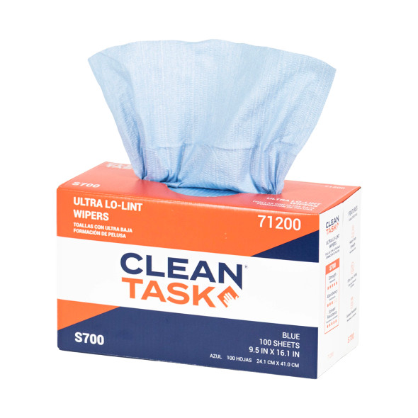Clean Task Ultra Lo-Lint S700 blue wipers opened with precision wiping sheets visible