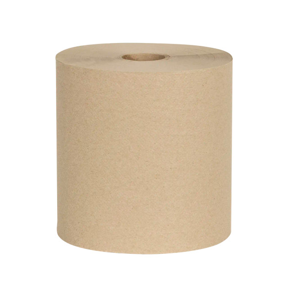 Mayfair Natural hard roll paper towel showing embossed 800-foot recycled paper roll for commercial restroom hand drying