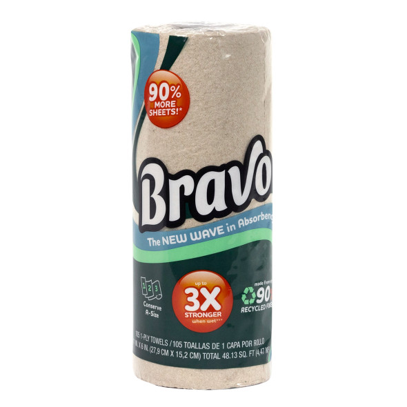 Bravo Kitchen Paper Towels single roll containing 105 natural paper towel sheets for everyday cleaning