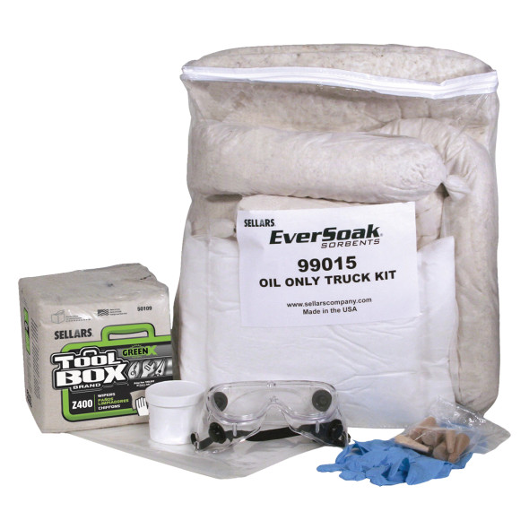 EverSoak Oil Only Truck Spill Kit containing oil-only absorbent pads, absorbent socks, PPE and spill containment accessories for emergency roadside response