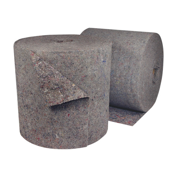 Universal Walk-On Rag Rug split roll opened showing durable gray absorbent mat for industrial walkways and leak protection