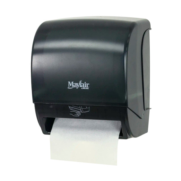 Mayfair Automatic Tear-N-Dry hard roll paper towel dispenser with touch-free operation and black translucent cover for commercial restrooms