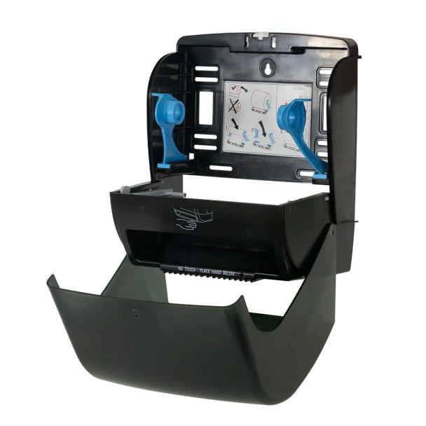 Close-up of the Mayfair Automatic Tear-N-Dry paper towel dispenser showing automatic tear mechanism, low battery indicator, translucent cover and auto-transfer system