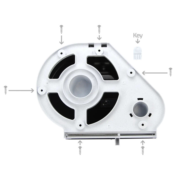 Close-up of the Mayfair jumbo roll toilet paper dispenser showing stub roll compartment, sliding transfer panel, black translucent cover and double-latch lock