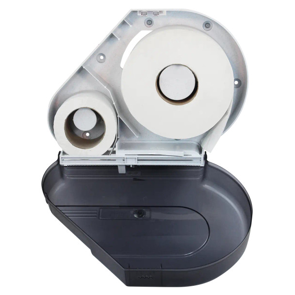 Close-up of the Mayfair jumbo roll toilet paper dispenser showing stub roll compartment, sliding transfer panel, black translucent cover and double-latch lock