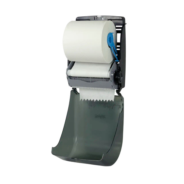 Close-up of the Mayfair manual hands-free paper towel dispenser showing touch-free dispensing mechanism, low pull force and black translucent cover