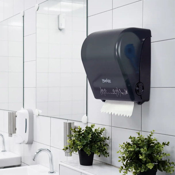 Commercial restroom featuring a Mayfair touch-free paper towel dispenser providing hygienic towel dispensing in high-traffic facilities