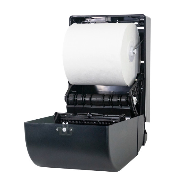 Close-up of the Mayfair manual lever paper towel dispenser showing push-bar lever, black translucent cover and auto-transfer system