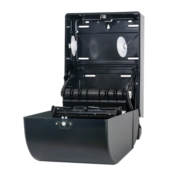 Close-up of the Mayfair manual lever paper towel dispenser showing push-bar lever, black translucent cover and auto-transfer system