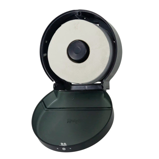 Close-up of the Mayfair jumbo roll toilet paper dispenser showing black translucent cover and heavy-duty double-latch locking system