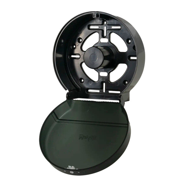 Close-up of the Mayfair jumbo roll toilet paper dispenser showing black translucent cover and heavy-duty double-latch locking system