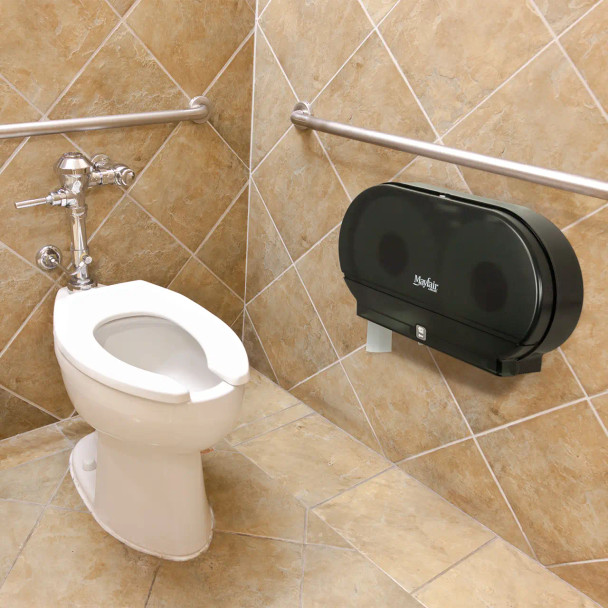 Commercial restroom featuring a Mayfair dual jumbo roll toilet paper dispenser providing continuous tissue availability in high-traffic facilities