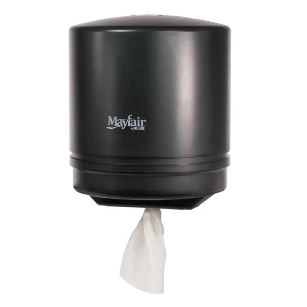 Mayfair center-pull paper towel dispenser with black translucent cover for hygienic single-sheet towel dispensing in commercial restrooms