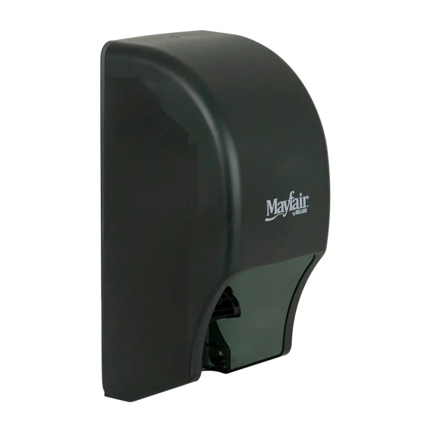 Close-up of the Mayfair standard roll toilet paper dispenser showing black translucent cover and dual-roll transfer design