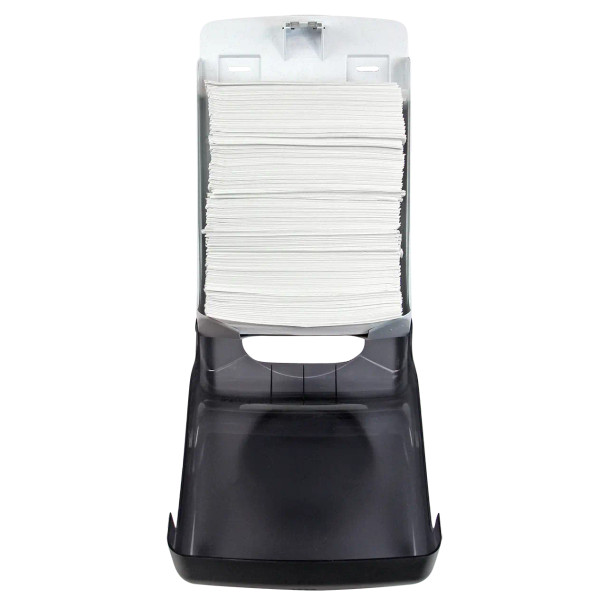 Close-up of the Mayfair universal paper towel dispenser showing impact-resistant black translucent cover and heavy-duty double-latch lock