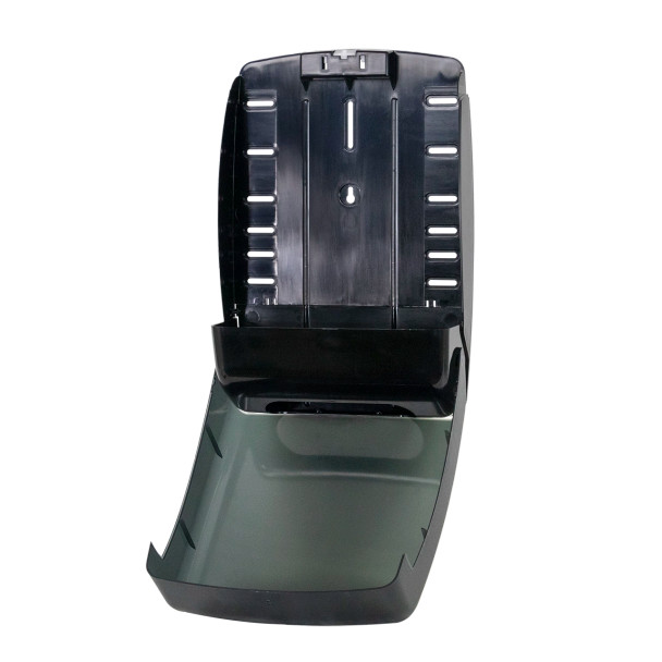 Close-up of the Mayfair universal paper towel dispenser showing impact-resistant black translucent cover and heavy-duty double-latch lock