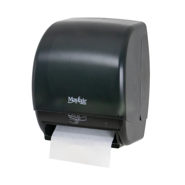 Mayfair automatic touchless hard roll paper towel dispenser with black translucent cover for hygienic commercial restroom hand drying