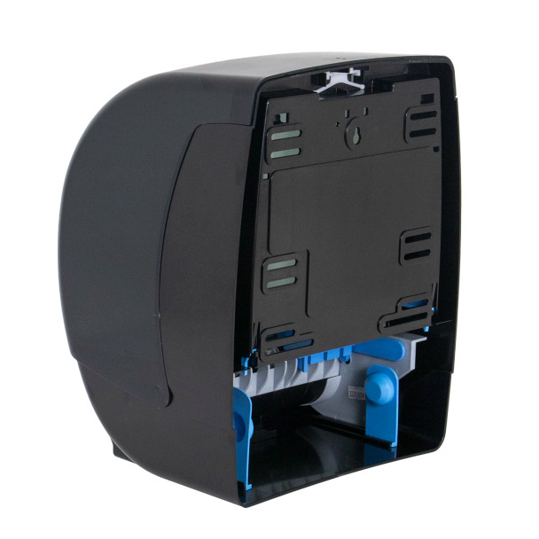 Back of hard roll paper towel dispenser installed in a healthcare or hospitality restroom to reduce cross contamination