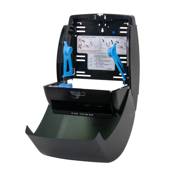 Inside of Mayfair automatic electronic hard roll paper towel dispenser angled right for hygienic hands-free towel dispensing in commercial restrooms