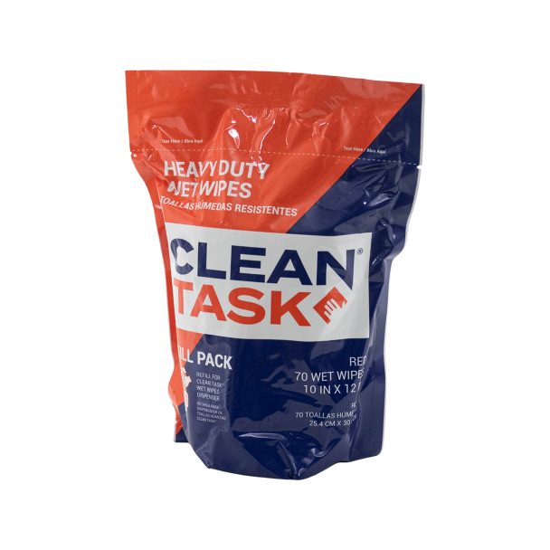 Clean Task Heavy Duty Wet Wipes refill pack facing front with 70 pre-moistened industrial cleaning wipes