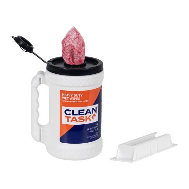 Clean Task Heavy Duty red wet wipes in an open Big Grip dispenser for removing grease, oil, dirt and grime without water
