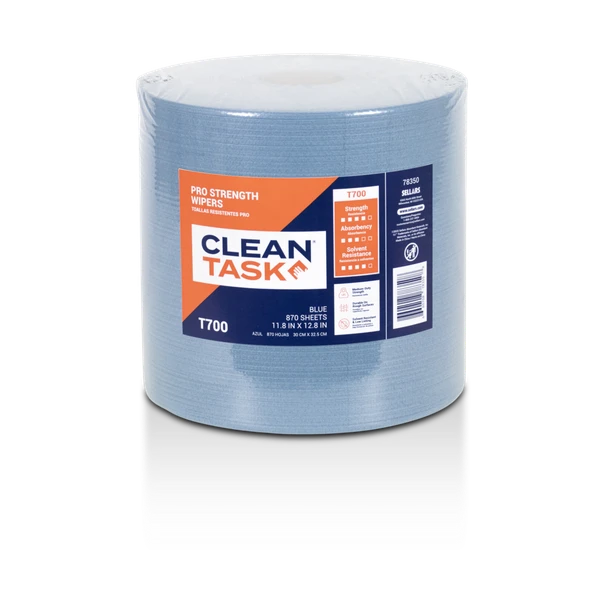 Clean Task Pro-Strength T700 blue jumbo roll wipers showing heavy-duty hydroentangled material for industrial cleaning, solvent wiping and grease removal
