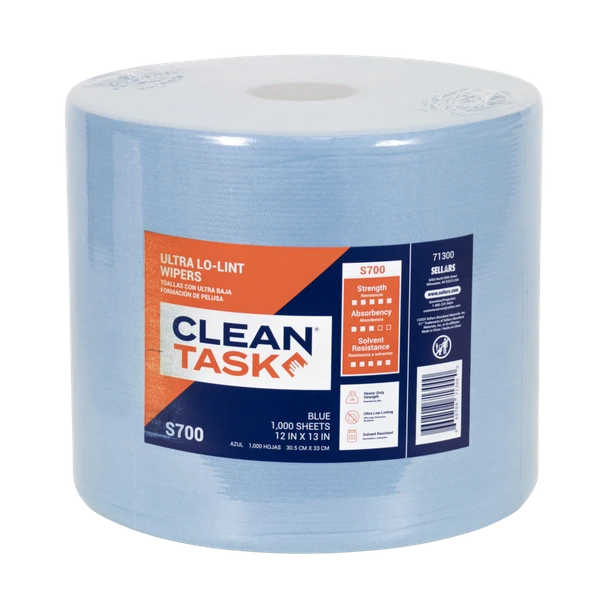 Clean Task Ultra Lo-Lint S700 blue jumbo roll package facing front with 1,000 precision cleaning wipers