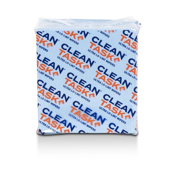 Sellars Clean Task Ultra Lo-Lint Wipers S700 in blue quarterfold format, showing full product box packaging for foodservice and industrial use