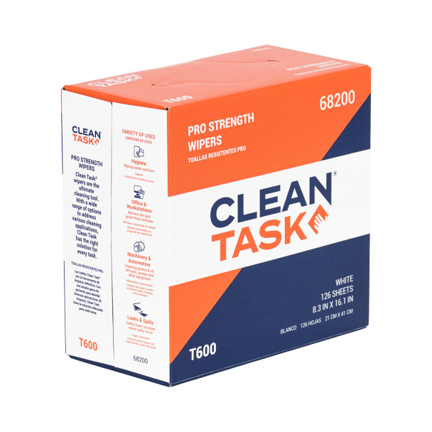 Pro Strength T600 Wipers pop-up box in white with 126 disposable sheets for industrial and commercial cleaning.