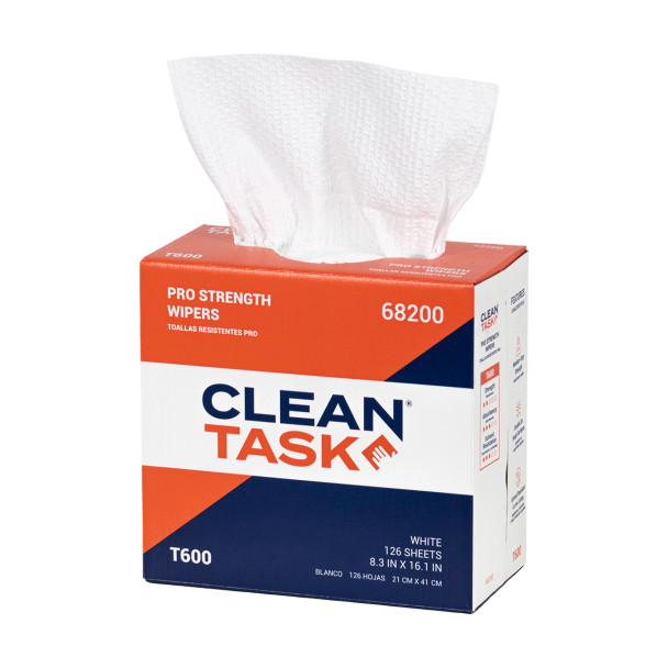 Clean Task Pro Strength T600 white Pop-Up Box opened with 126 heavy-duty wipers visible