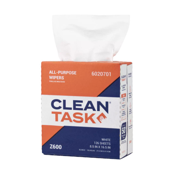 Clean Task All-Purpose Z600 white wipers in an open Pop-Up Box with sheet visible