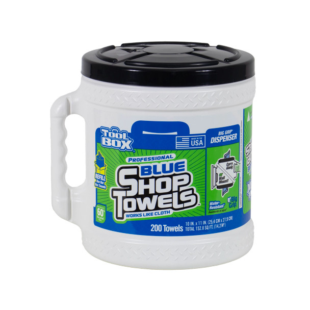 Portable and durable blue shop towels in Big Grip® Dispenser for grease cleanup