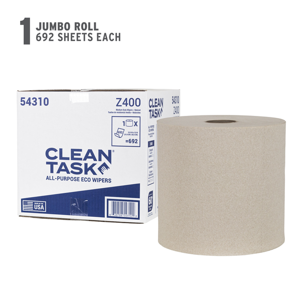 Clean Task All-Purpose Eco Z400 natural wipers showing 1 jumbo roll with count of 692 sheets per roll