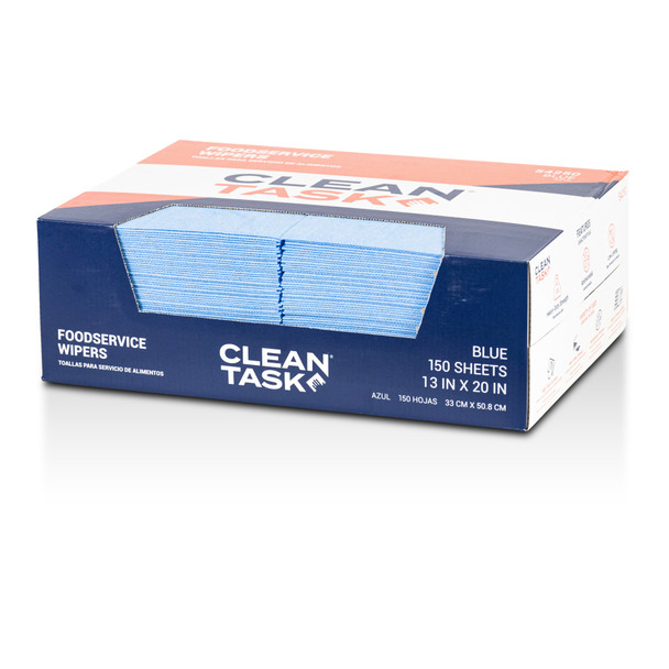Angled front view of Sellars Clean Task foodservice quarterfold blue wipers packaging showing product branding and sheet count
