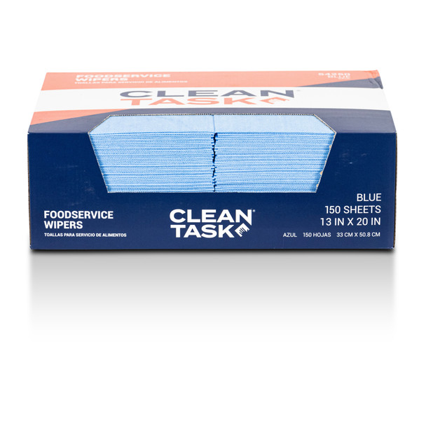 Clean Task Foodservice Quarterfold blue wipers, 150-sheet pack opened with wipers visible