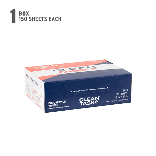 Sellars Clean Task foodservice quarterfold blue wipers box with 150 sheets, color‑coded for hygienic kitchen and food prep cleaning