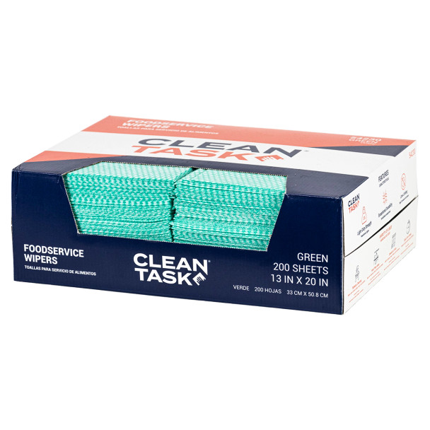 Clean Task Foodservice Quarterfold green wipers, 200-sheet pack opened with wiping sheets visible