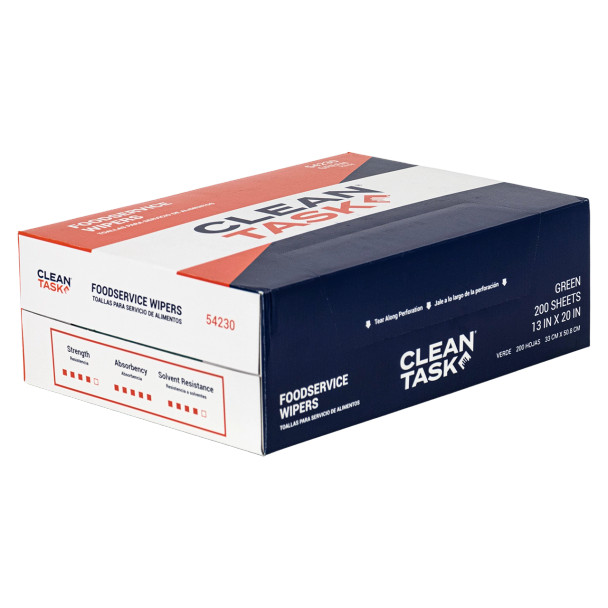 Box of Clean Task Foodservice Wipers quarterfold green, 200 sheets for commercial kitchen and surface cleaning.