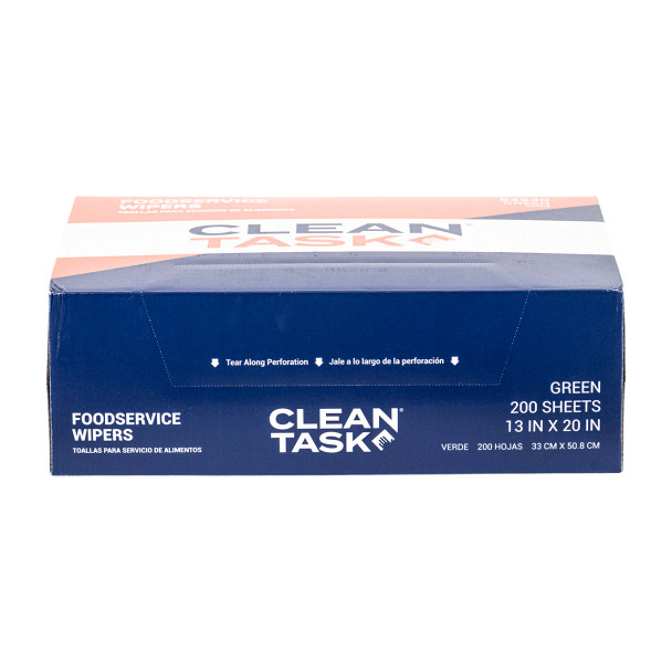 Box of Clean Task Foodservice Wipers quarterfold green, 200 sheets for commercial kitchen and surface cleaning.