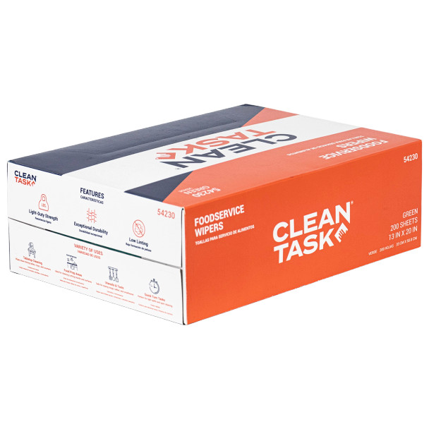 Box of Clean Task Foodservice Wipers quarterfold green, 200 sheets for commercial kitchen and surface cleaning.
