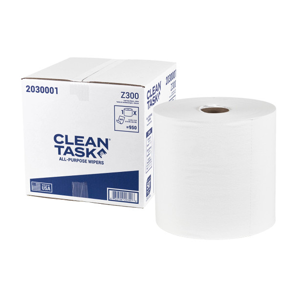 Clean Task All-Purpose Z300 Jumbo Roll white wipers opened with durable wiping sheets visible