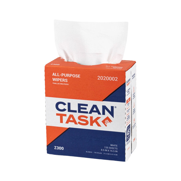 Clean Task All-Purpose Z300 white wipers opened with durable wiping sheets visible