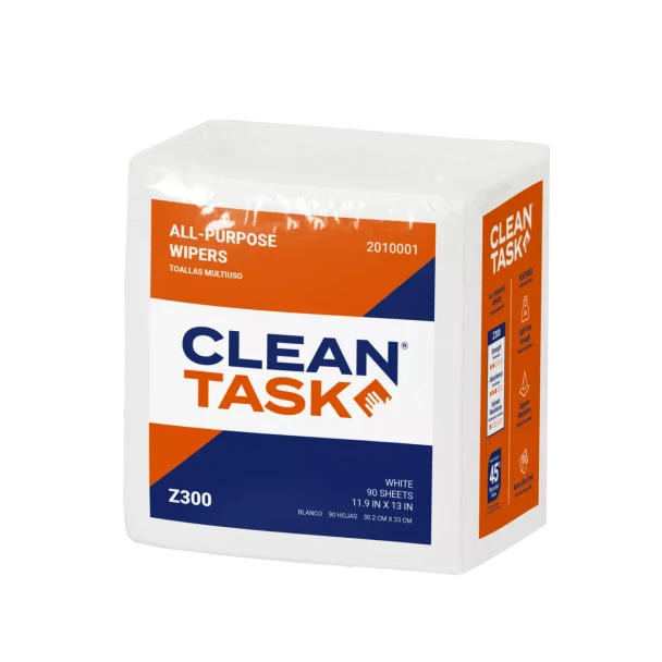 Clean Task All-Purpose Z300 Quarterfold white wipers, 90-sheet pack opened with durable DRC wipers visible
