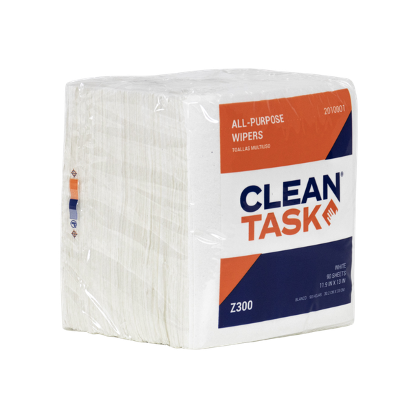 Clean Task All-Purpose Z300 Quarterfold white wiper package angled right