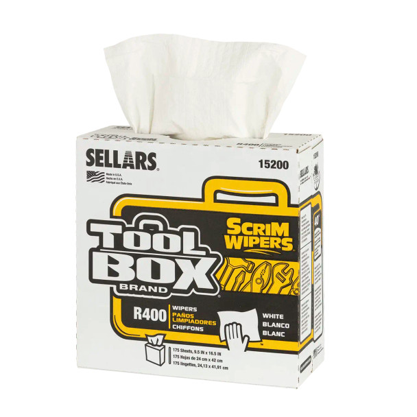 TOOLBOX Scrim R400 Wipers in Pop-Up Box, White - 175 Sheets for industrial cleaning